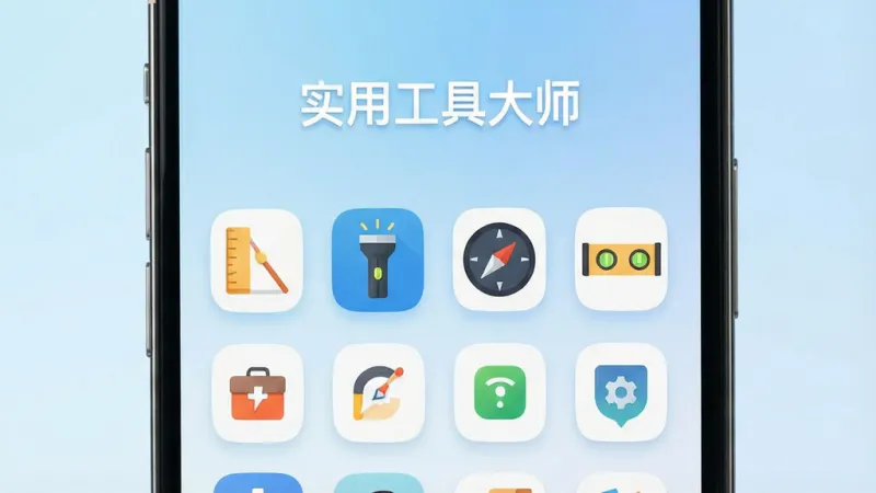 一张手机屏幕展示图，画面中央是一个简洁的工具箱应用界面，顶部有“实用工具大师”的文字标识，下方整齐排列着各种小工具图标，如尺子、手电筒、指南针、水平仪等，背景是淡蓝色渐变，风格现代扁平，图标圆润清晰，画质干净明亮，没有多余广告元素
