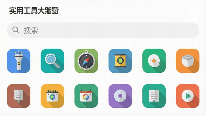 一张手机应用界面截图风格的图片，画面展示“实用工具大师”的主界面，顶部是搜索框，下方是网格状排列的工具图标，包括手电筒、放大镜、指南针、水平仪等，背景为纯白色，图标为彩色扁平化设计，布局整齐，风格极简，画质干净无任何广告横幅