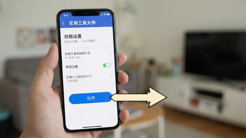 一张手机操作示意图，画面中一只手拿着手机，屏幕显示“实用工具大师”的权限设置页面，旁边有箭头指向“允许”按钮，背景是模糊的室内环境，风格写实，画质清晰，重点突出操作步骤