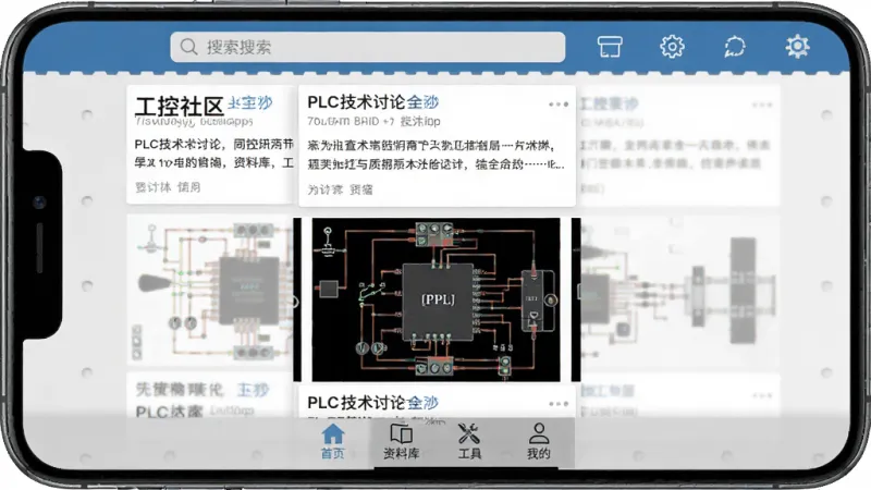 玩工控App主界面截图,手机屏幕显示工控社区信息流,顶部有搜索栏,中间是PLC技术讨论帖和电路图分享,底部导航栏包含首页、资料库、工具和我的,整体风格简洁工业风,蓝灰配色,画质清晰干净无多余元素