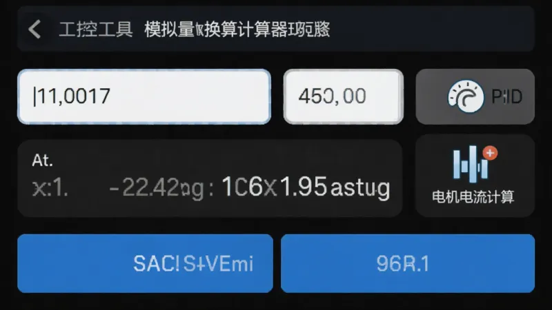 玩工控工具页面截图,手机屏幕显示模拟量换算计算器界面,输入框内填有数值,下方自动显示换算结果,旁边有PID参数估算和电机电流计算图标,界面为深色模式,按钮为蓝色,画质干净无多余元素