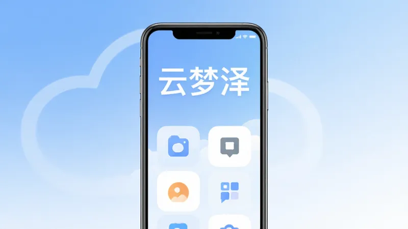 一张展示手机应用主界面的图片,画面中央是手机屏幕,屏幕上方显示“云梦泽”三个大字,下方排列着几个简洁的功能图标,整体布局清晰,风格现代扁平,背景是柔和的蓝白渐变,画质干净无多余元素