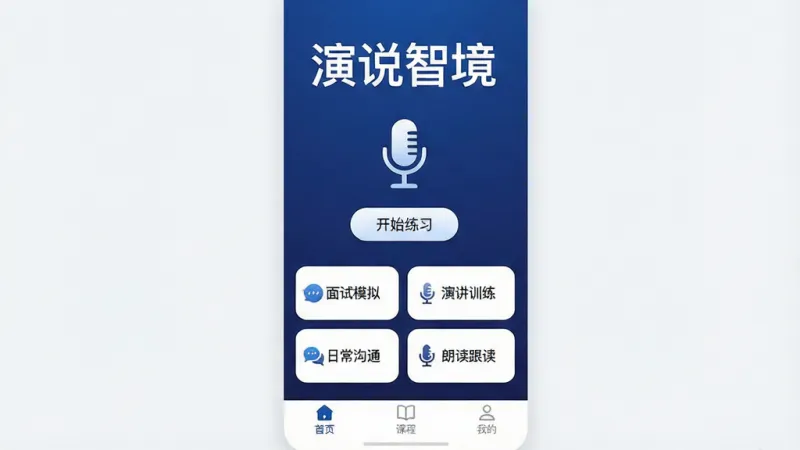 一张展示演说智境App核心全貌的竖版手机界面截图，画面中央是演说智境App的主界面，背景为深蓝色渐变，顶部显示“演说智境”四个白色大字，中间区域有一个醒目的麦克风图标和“开始练习”按钮，下方排列着“面试模拟”“演讲训练”“日常沟通”“朗读跟读”四个功能入口卡片，界面底部是“首页”“课程”“我的”三个导航标签，整体风格简洁现代，UI细节圆润，画质干净清晰，无多余元素