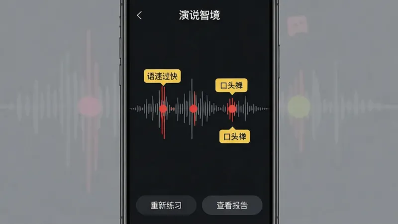 一张演说智境App智能实时反馈功能的界面截图，画面主体是手机屏幕，屏幕中央显示一段语音波形图，波形图上有几处红色标记点和黄色提示标签，标签上写着“语速过快”“口头禅”等文字，屏幕下方有“重新练习”和“查看报告”两个按钮，整体布局清晰，风格为深色模式配亮色数据点，画质干净无多余元素，图片中带有“演说智境”文字
