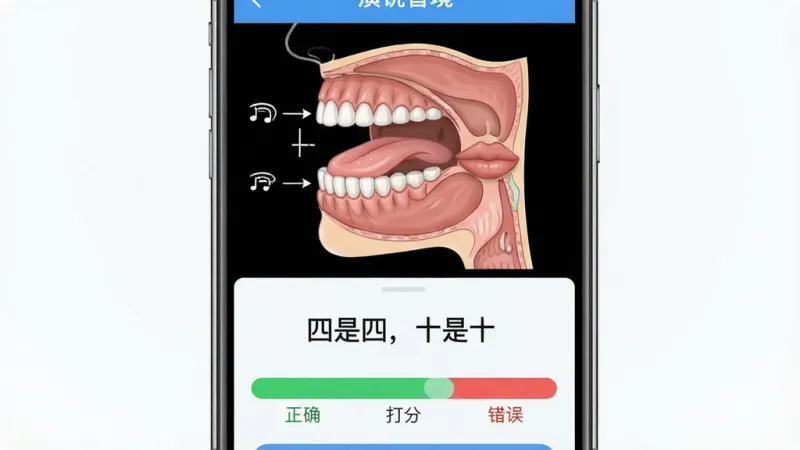 一张演说智境App发音口型跟练功能的界面截图，画面主体是手机屏幕，屏幕上半部分显示一个口腔侧剖示意图，标注了舌头和嘴唇的位置，下半部分显示一行文字“四是四，十是十”和对应的音节打分条，绿色代表正确，红色代表错误，界面风格为浅色背景配蓝色强调色，布局清晰，画质干净无多余元素，图片中带有“演说智境”文字
