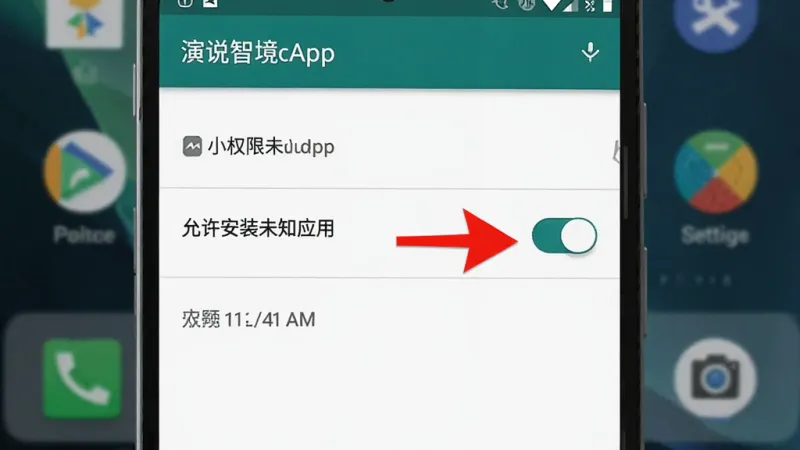 一张演说智境App在安卓手机上安装权限设置的示意图，画面主体是手机设置界面的截图，高亮显示“允许安装未知应用”的开关按钮，旁边有红色箭头指向该开关，背景是手机桌面，界面风格为原生安卓设置风格，画质清晰，无多余元素