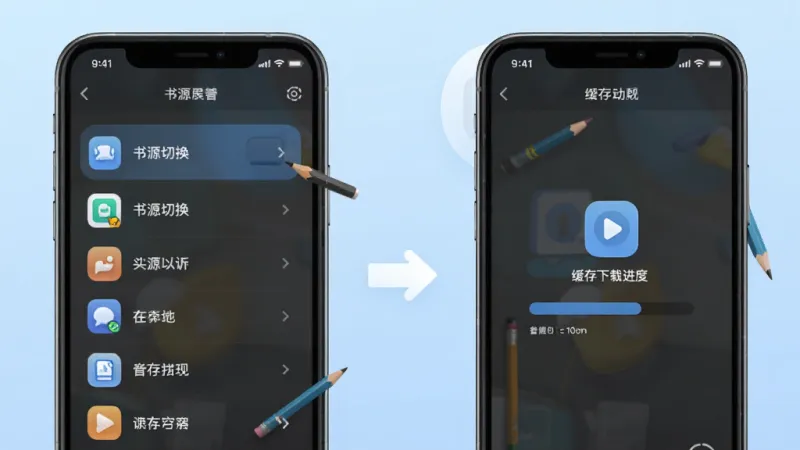 铅笔app功能展示图，画面左侧是手机显示书源切换列表，右侧是缓存下载进度界面，中间有箭头连接，背景为浅蓝色渐变，图标和文字标注清晰，风格简洁现代，画质干净无多余元素