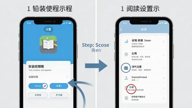 铅笔app使用教程示意图，手机屏幕显示安装权限设置界面和阅读设置面板，有箭头指引操作步骤，背景为浅灰色，图标和文字标注清晰，风格扁平化，画质干净无多余元素