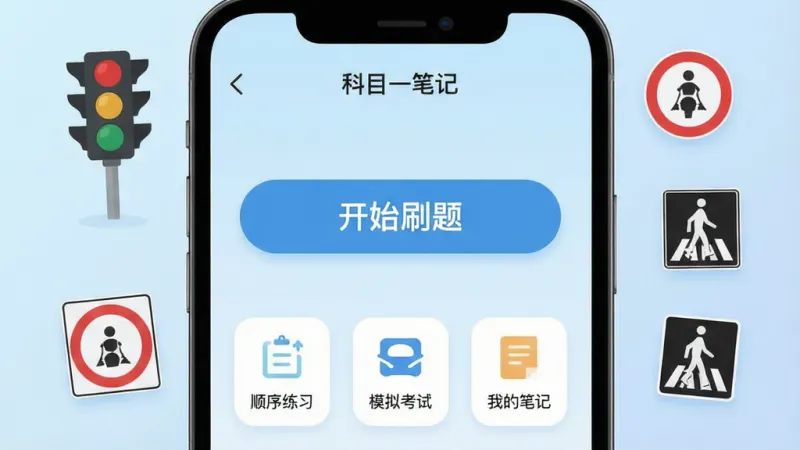 手机屏幕显示“科目一笔记”APP主界面，界面中央是醒目的“开始刷题”按钮，下方有“顺序练习”、“模拟考试”、“我的笔记”三个功能入口图标，背景是柔和的浅蓝色渐变，周围有悬浮的交通标志图标（如红绿灯、限速牌、人行横道），画面风格现代简洁，扁平化设计，画质清晰，无多余元素