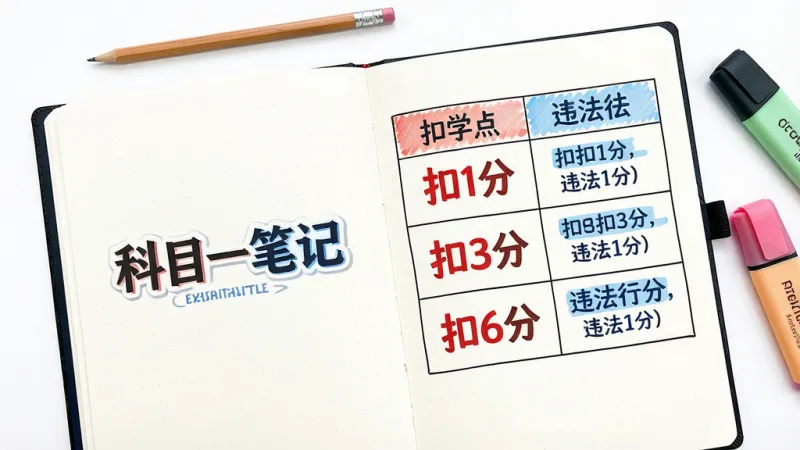一张展开的电子笔记本页面，左侧是“科目一笔记”的logo，右侧是清晰的知识点表格，表格中对比了“扣1分”、“扣3分”、“扣6分”的违法行为，文字用醒目的红色和蓝色标注，背景是干净的白色，有铅笔和荧光笔的装饰元素，风格像学霸的课堂笔记，画质干净，无多余元素
