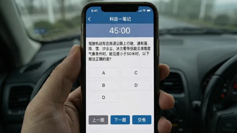 手机屏幕显示“科目一笔记”的模拟考试界面，顶部有倒计时“45:00”，中间是题目“驾驶机动车在高速公路上行驶，遇有雾、雨、雪、沙尘、冰雹等低能见度气象条件时，能见度小于50米时，以下做法正确的是？”，下方有A、B、C、D四个选项按钮，底部有“上一题”、“下一题”和“交卷”按钮，界面风格模仿真实考试系统，严肃整洁，画质清晰，无多余元素