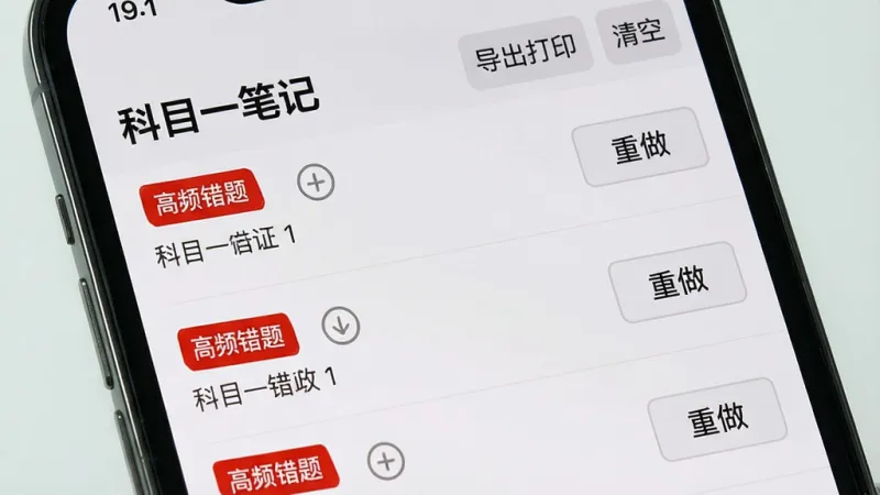 手机屏幕上显示“科目一笔记”的错题本界面，列表里用红色标签标注了“高频错题”，每道错题旁边有“重做”按钮，屏幕顶部有“导出打印”和“清空”选项，界面背景是浅灰色，文字清晰，布局工整，画质干净，无多余元素
