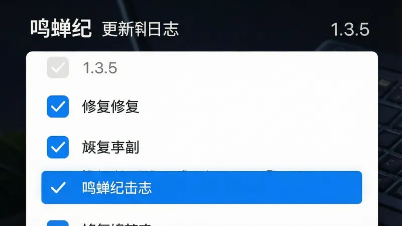鸣蝉纪 更新日志界面 版本号“1.3.5” 修复列表 对勾图标 蓝色高亮 干净排版 高清 无多余元素