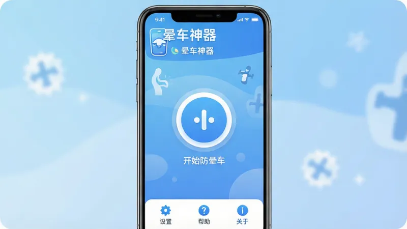 一张手机屏幕展示“晕车神器”app主界面,界面以蓝白色调为主,顶部显示“晕车神器”logo和状态提示,中间是一个醒目的圆形启动按钮,按钮下方有“开始防晕车”文字,底部有“设置”“帮助”“关于”三个图标,背景是柔和的渐变蓝色,画面风格简洁现代,扁平化设计,画质干净清晰,无多余元素