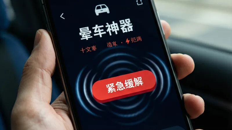 一只手拿着手机,手机屏幕显示“晕车神器”app的紧急缓解界面,一个红色大按钮写着“紧急缓解”,周围有动态波纹效果,背景是深色,画面风格醒目直接,细节突出,画质清晰,无多余元素