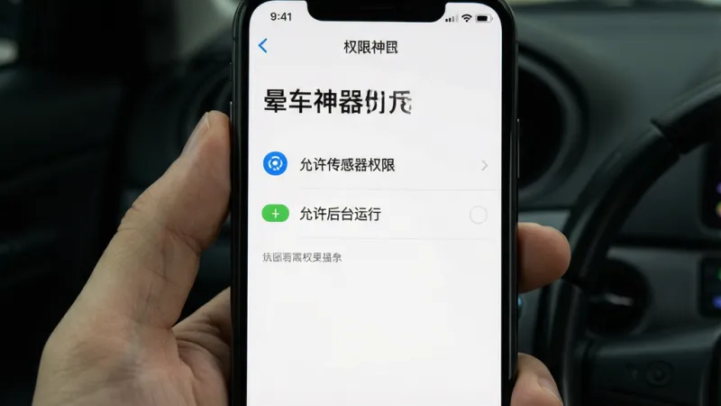 一张手机截图展示“晕车神器”app的权限设置引导页面,上面有“允许传感器权限”“允许后台运行”等选项,背景是白色,文字清晰,画面风格简洁明了,细节干净,画质清晰,无多余元素