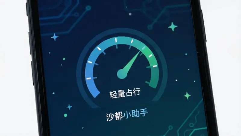 沙都小助手 轻量运行 手机屏幕显示内存占用低 速度仪表盘图标 蓝绿色调 科技感扁平插画 背景干净 无多余元素 高清画质