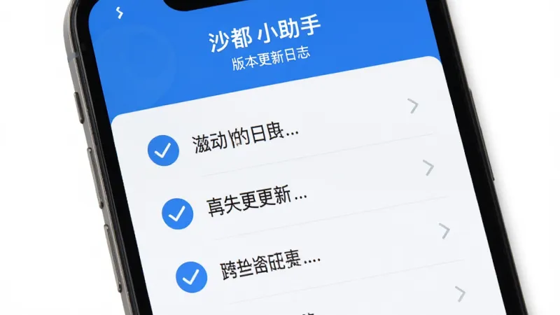 沙都小助手 版本更新日志界面 手机屏幕显示更新列表 对勾图标 蓝色主题 简洁排版 干净背景 无多余元素 高清画质