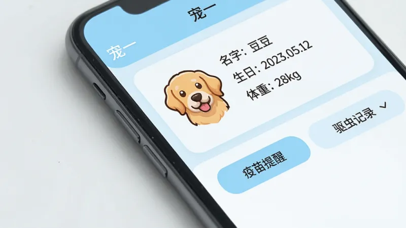 手机屏幕特写，显示“宠一”应用中的宠物档案页面，页面上有一只金毛犬的卡通头像，旁边列有“名字：豆豆”、“生日：2023.05.12”、“体重：28kg”等信息，下方有“疫苗提醒”和“驱虫记录”按钮，界面设计简洁，以浅蓝色和白色为主，风格清新，画质干净，无多余元素。