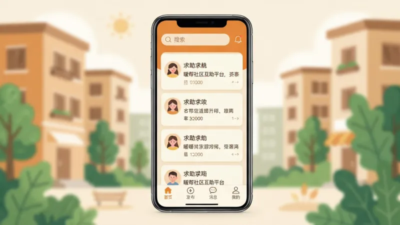 暖帮社区互助平台手机端主界面展示,画面中央是一部竖屏智能手机,屏幕内显示暖帮APP首页,顶部有搜索栏和消息通知图标,中间区域是互助需求卡片列表,每张卡片带有用户头像和求助内容摘要,底部导航栏包含首页、发布、消息、我的四个图标,整体以暖橙色和米白色为主色调,风格温馨简洁,背景是虚化的社区楼宇和绿植插画,画面干净明亮,无多余装饰元素,高清画质