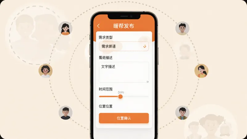 暖帮APP互助发布界面展示,画面中一部手机屏幕显示发布需求表单,表单包含需求类型选择、文字描述输入框、时间范围滑动条和位置确认按钮,界面以暖橙色按钮和白色卡片为主,手机周围环绕着代表邻里连接的虚线圆圈和用户头像小图标,整体风格扁平化,背景为浅米色,画质清晰干净,无多余元素
