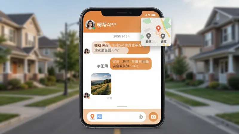 暖帮APP聊天界面展示,手机屏幕显示对话窗口,对话气泡中有文字消息和一张图片缩略图,下方输入框旁边有位置图标和相机图标,界面顶部显示对方头像和昵称,右侧有地图小窗口展示双方位置标记,整体配色为暖橙与白色,风格简洁现代,背景虚化显示社区街道场景,画质高清干净