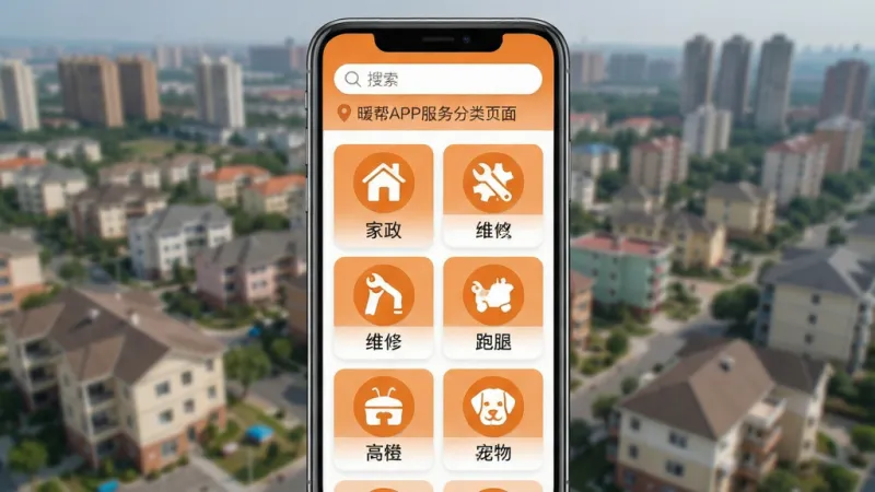 暖帮APP便民服务分类页面展示,手机屏幕显示服务分类网格布局,每个分类图标为扁平化设计,包含家政、维修、跑腿、宠物等图标,图标下方有分类名称文字,页面顶部有搜索框和定位标签,整体以暖橙色图标配白色背景,风格统一整洁,背景为虚化的城市社区俯瞰图,画质清晰干净