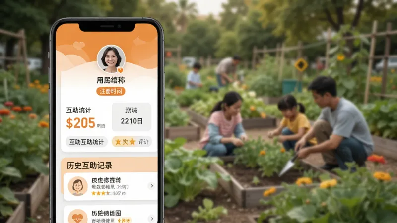 暖帮APP个人主页界面展示,手机屏幕显示用户头像、昵称、注册时长标签、互助次数统计数字和评价标签列表,页面下方有历史互助记录卡片,整体配色为暖橙色点缀白色卡片,风格干净清爽,背景为虚化的社区花园场景,画质高清无多余元素