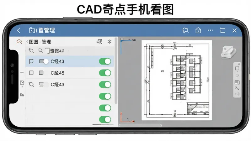 手机屏幕展示CAD图层管理面板，标题文字