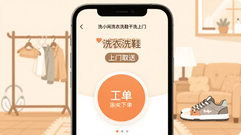 手机屏幕展示“洗小闲洗衣洗鞋干洗上门”APP主界面，界面中央是一个醒目的圆形下单按钮，上方显示“洗衣洗鞋”和“上门取送”标签，背景是温馨的居家环境，有衣架和运动鞋的简笔画元素，整体布局简洁明了，风格现代扁平化，画质干净清晰，无多余装饰元素