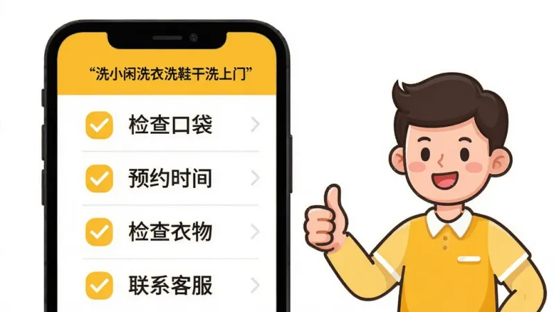 “洗小闲洗衣洗鞋干洗上门”APP新手操作指南界面，画面是一个手机屏幕，屏幕上显示一个清单列表，清单上有打钩的图标和文字：“检查口袋”、“预约时间”、“检查衣物”、“联系客服”，屏幕旁边有一个卡通人物竖起大拇指，整体布局简洁，风格是教育扁平化，颜色以黄色和白色为主，细节清晰，画质干净，无多余元素