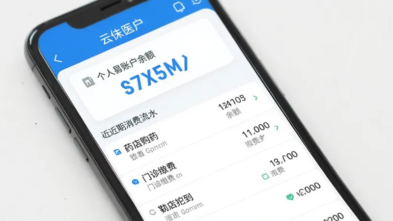 社保医保云计算医保账户明细页面展示,手机屏幕中显示医保个人账户余额数字和近期消费流水列表,包含药店购药、门诊缴费等记录条目,界面以白色为底、蓝色作为强调色,排版整齐,文字清晰可读,风格清爽简约,画质干净