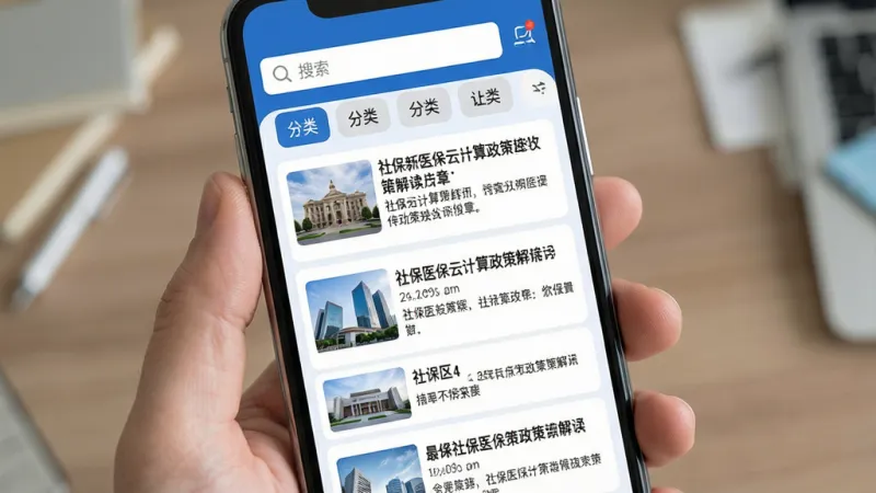 社保医保云计算政策资讯页面展示,手机屏幕中显示最新社保医保政策解读文章列表,每篇文章配有标题和简短摘要,顶部有搜索栏和分类标签,界面风格与主界面统一,以蓝色和白色为主,排版舒适,画质干净无多余元素