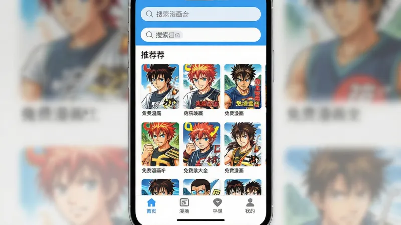 免费漫画大全 手机应用主界面展示,顶部搜索栏,中间推荐漫画封面网格排列,底部导航栏,整体采用明亮清爽的蓝白配色,扁平化设计风格,界面干净整洁无广告弹窗,画质清晰细腻,无多余元素