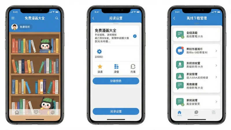 免费漫画大全 功能特色展示图,画面中同时呈现书架界面、阅读设置面板和离线下载管理页面,手机屏幕排列整齐,蓝白配色,扁平化设计风格,细节清晰,画质干净