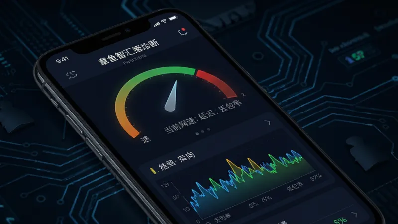 一张展示章鱼智汇网络诊断功能的图片,手机屏幕显示网速仪表盘和信号强度波形图,界面有“当前网速”“延迟”“丢包率”等中文标签,背景为深色科技风格,线条简洁,画质清晰,无多余元素