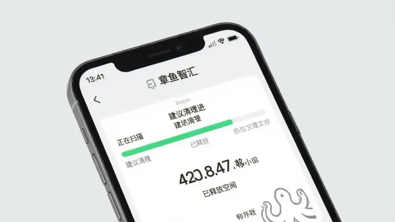一张展示章鱼智汇在手机上运行流畅的图片,画面是手机屏幕显示文件清理进度条和已释放空间数字,界面有“正在扫描”“建议清理”等中文标签,背景为浅灰色,风格干净清爽,画质清晰无多余元素
