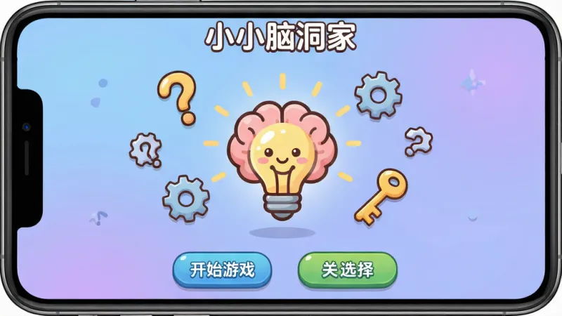 一张手机屏幕展示“小小脑洞家”游戏主界面,画面中央是卡通风格的大脑灯泡图标,周围漂浮着问号、齿轮、钥匙等解谜元素,背景是柔和的蓝紫渐变,界面底部有开始游戏和关卡选择按钮,整体风格轻松活泼,画质干净清晰,无多余元素