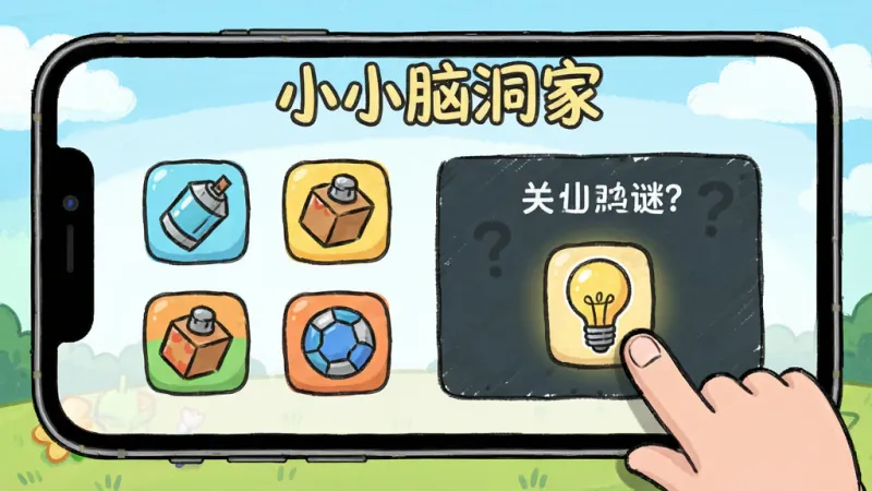 手机游戏截图展示“小小脑洞家”的关卡界面,画面中有几个看似无关的道具图标和一道谜题文字,玩家手指正在拖动一个灯泡图标到问号上,背景是卡通手绘风格,色彩明亮,画质清晰干净