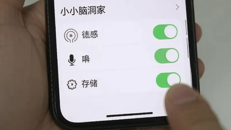 一张手机屏幕截图展示“小小脑洞家”的权限设置界面,画面中有传感器、麦克风、存储等权限开关,其中一个开关被手指点击打开,界面风格简洁,背景为浅色,画质清晰干净无多余元素