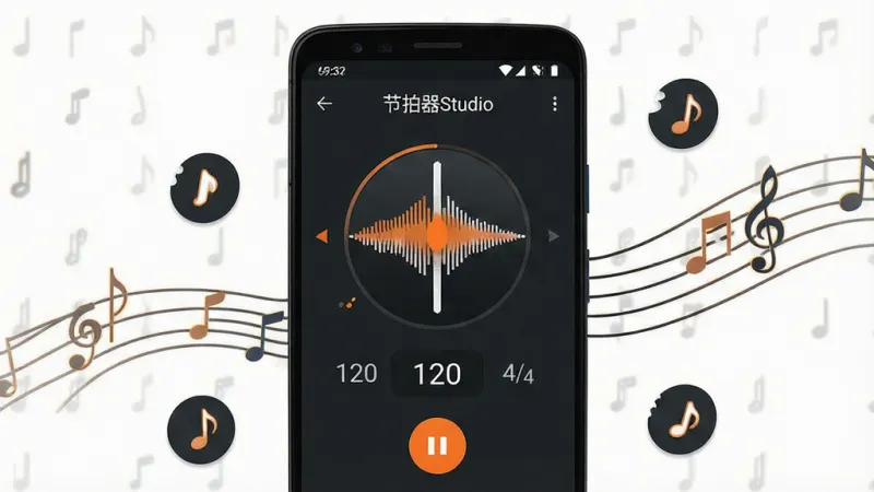 一张展示「节拍器Studio」软件主界面的手机应用截图风格图片，画面中央是一部竖屏安卓手机，手机屏幕上清晰显示「节拍器Studio」的节拍器主界面，包含摆锤动画、速度数值120、拍号4/4、开始停止按钮，界面简洁现代，深色背景配橙色强调色，手机周围散落着音符图标和节拍线条装饰，整体风格干净专业，画质清晰，无多余元素