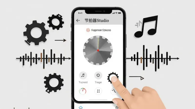一幅展示「节拍器Studio」使用技巧的AI生成图片，画面中一部手机屏幕显示节拍器设置界面，旁边有手指点击操作的示意，屏幕周围环绕着齿轮、音符、节拍线等元素，背景是浅灰色，风格教程类清晰直观，排版简洁，画质干净，无多余元素