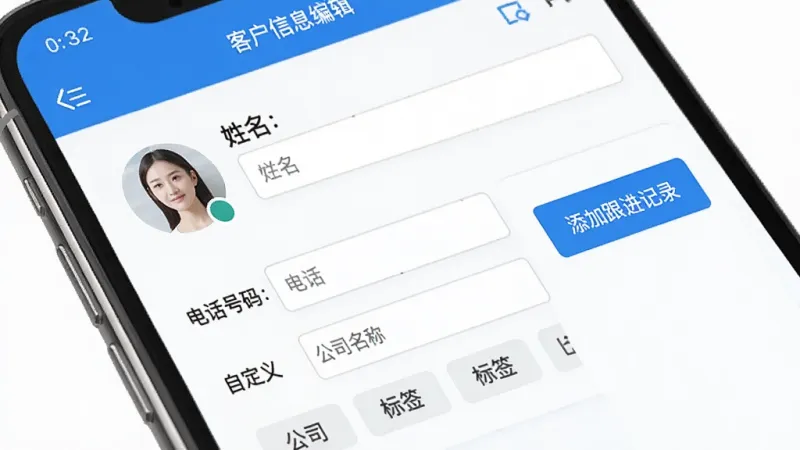 一张展示拓客云客户信息录入界面的图片，画面主体为手机屏幕特写，屏幕中显示客户资料编辑页面，包含头像、姓名输入框、电话号码、公司名称和自定义标签选项，右侧有添加跟进记录的按钮，整体布局规整，蓝白配色，风格干净利落，画质清晰