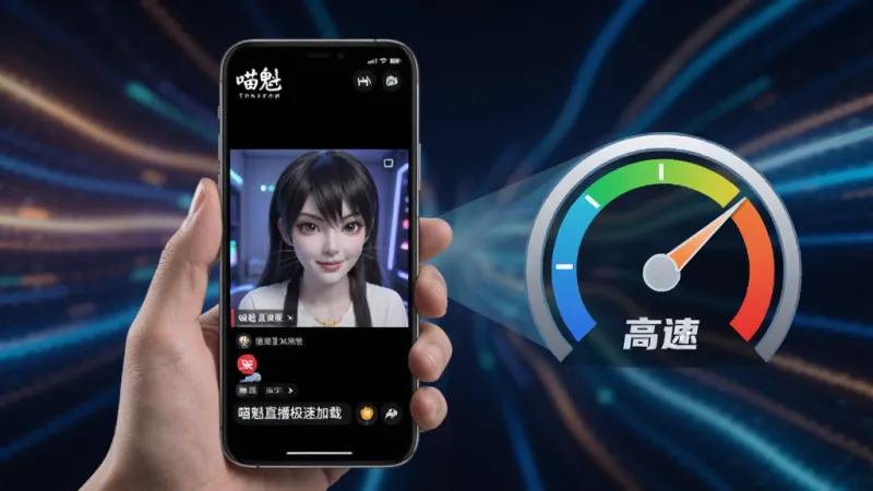 一张展示喵魁直播极速加载特性的图片，画面中一只手拿着手机，手机屏幕上喵魁直播的直播间画面已经清晰播放，旁边有一个速度仪表盘图标指向高速区域，背景是模糊的光线流动效果，风格科技感，画质干净清晰，无多余元素