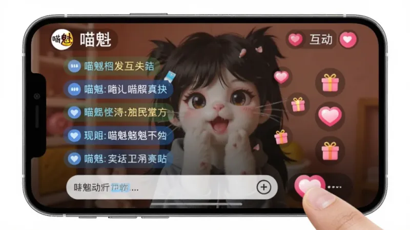 一张展示喵魁直播互动功能的图片，手机屏幕显示喵魁直播的直播间界面，底部有聊天输入框和飘过的弹幕文字，屏幕右侧有爱心和礼物图标，画面中有手指正在点击爱心按钮，整体风格活泼明快，画质清晰，无多余元素