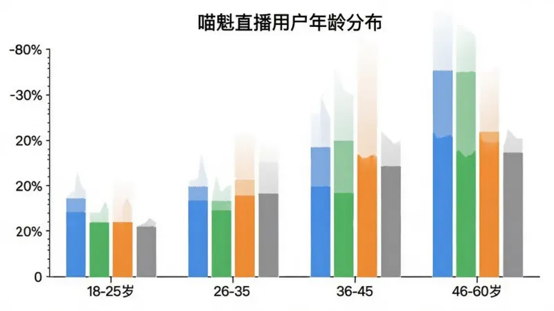 一张展示喵魁直播用户年龄分布的柱状图，横轴是年龄段分为18-25岁、26-35岁、36-45岁、46-60岁，纵轴是用户人数占比，柱状图颜色分别为蓝色、绿色、橙色、灰色，图表标题为“喵魁直播用户年龄分布”，背景干净白色，风格简洁清晰，无多余元素