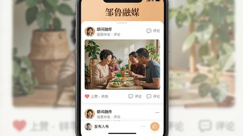 一张展示社区互动界面的手机UI设计图，界面顶部有“邹鲁融媒”字样，中间是用户发布的图文动态流，包含点赞和评论按钮，底部有发布入口，整体风格温馨生活化，排版疏朗，画质干净