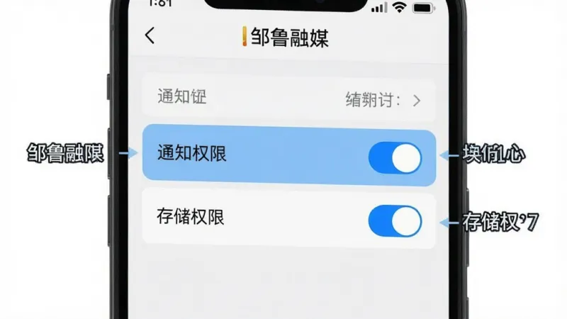 一张手机屏幕截图，展示“邹鲁融媒”App的权限设置界面，高亮显示“通知权限”和“存储权限”开关，界面风格简洁，带有文字标注，背景干净，画质清晰