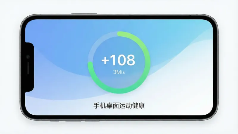 手机桌面运动健康软件主界面全貌展示,一个简洁的智能手机屏幕,屏幕中央显示着醒目的计步器数字和运动圆环进度条,背景是柔和的蓝白渐变色调,屏幕下方有简约的“手机桌面运动健康”文字标识,整体风格现代扁平化,细节圆润,画质干净无多余元素,UI设计清爽易读