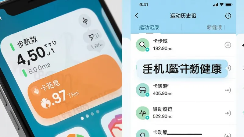 手机桌面运动健康软件功能展示图,画面分为左右两部分,左侧是手机桌面上的小组件特写,显示着步数和卡路里数据,右侧是软件内部的运动历史记录列表,界面以白色和浅蓝色为主,排版清晰,风格极简,画质干净无多余元素,突出“手机桌面运动健康”的文字标签